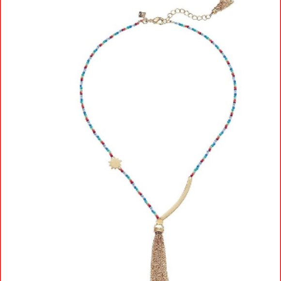 Candy-colored seed beads suspend brushed golden charms and a breezy chain tassel - Picture 1 of 6
